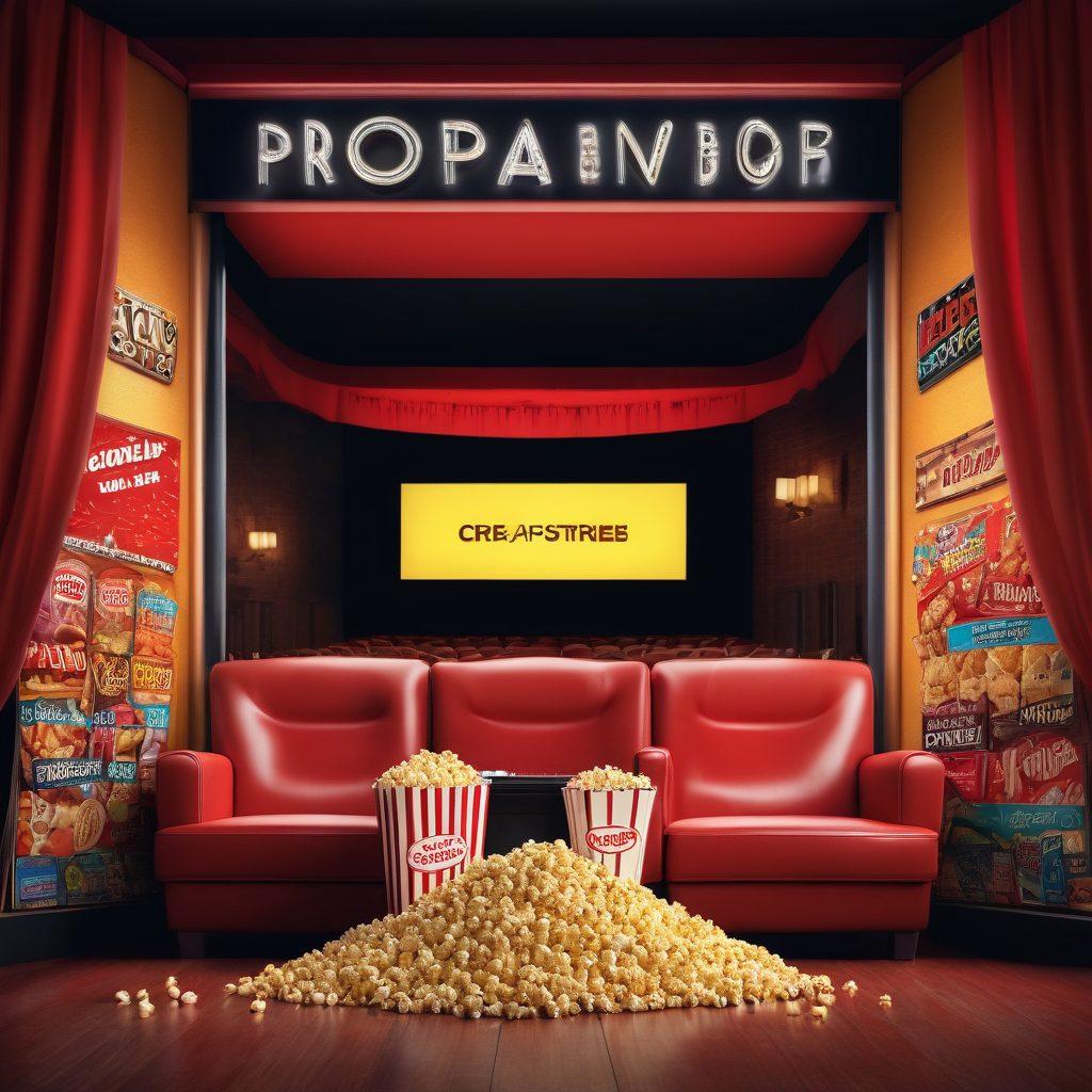 A dynamic collage featuring a movie theater interior with cozy seating, a large screen displaying a thrilling film scene, and a tantalizing assortment of snacks like popcorn, nachos, and candy. Include a glowing marquee that reads 'Exclusive Movie Updates' and film reels scattered around. Captivating lighting to enhance the cinematic atmosphere. super-realistic. vibrant colors. 3D.