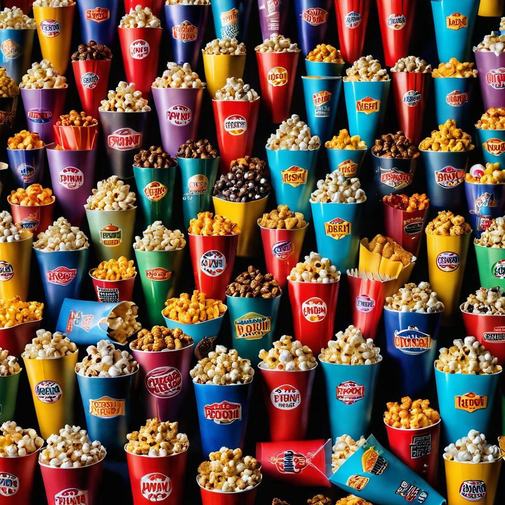 A colorful assortment of unique popcorn flavors in whimsical, oversized popcorn containers, surrounded by various snacks like nachos and candy. The background features a stylish Cinemark movie theater with movie posters and bright neon lights. Include characters enjoying snacks while watching a film, capturing a fun and lively atmosphere. vibrant colors. 3D. cinematic style.