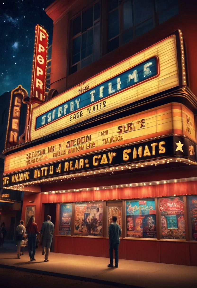 A vibrant movie theater marquee glowing in the evening, showcasing exciting film titles and screening dates. An enthusiastic crowd outside, with popcorn in hand, eagerly discussing upcoming releases. The backdrop features film reels and clapperboards artistically intertwined with colorful spotlights. Incorporate a starry night sky to enhance the cinematic atmosphere. super-realistic. vibrant colors. cinematic style.